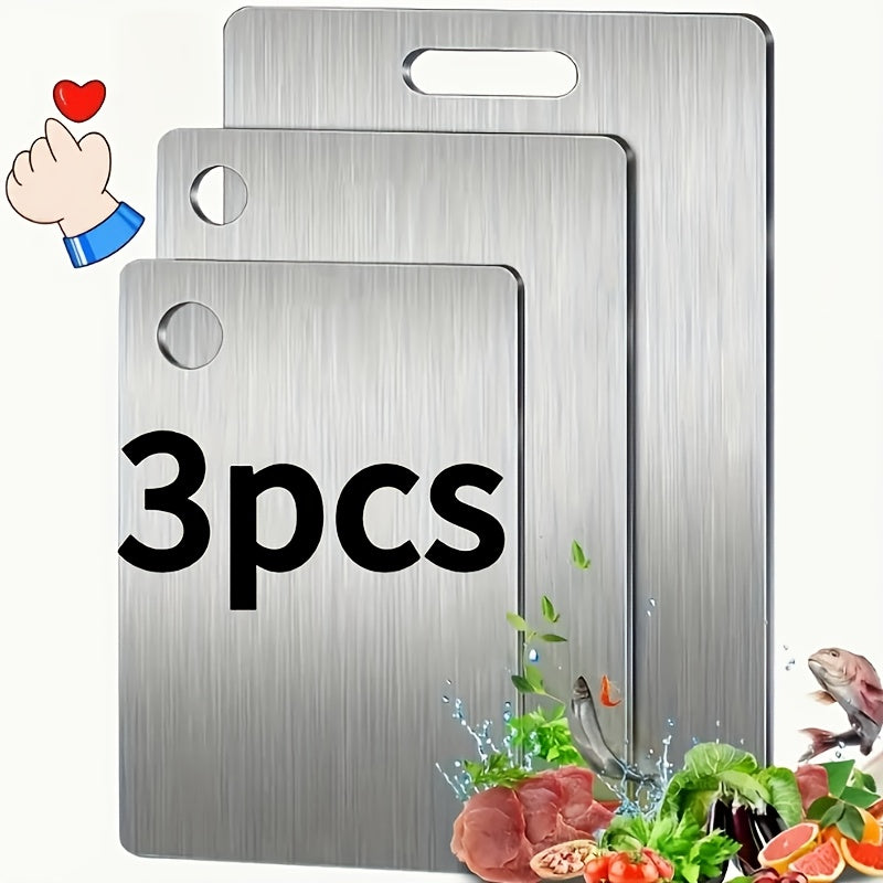 3 PCS Set High-Quality Stainless Steel Cutting Board | Double-Sided, Food-Safe, Stylish Trim, Perfect for Home Kitchen & Commercial Catering, Polished Surface End