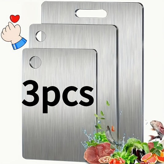 3 PCS Set High-Quality Stainless Steel Cutting Board | Double-Sided, Food-Safe, Stylish Trim, Perfect for Home Kitchen & Commercial Catering, Polished Surface End