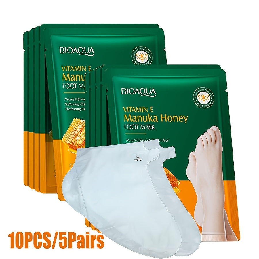 10 PCS Set Pack Vitamin E & Manuka Honey Intense Moisturizing Foot Masks for Extremely Dry, Cracked Feet, Winter Skincare, Pedicure Salon & Home Spa Care - Nourishing for Sensitive Light Beige