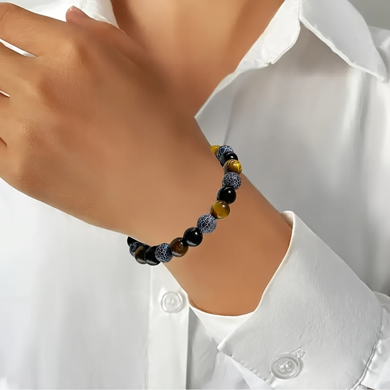 Natural Stone Stress Relief  Wealth Attraction Bracelet - Bohemian Style Black Tiger Eye Synthetic with Golden Brown Stripes, Unisex, for Daily Wear and Special Occasions - Attracts Money and Prosperity - Birthday, Anniversar