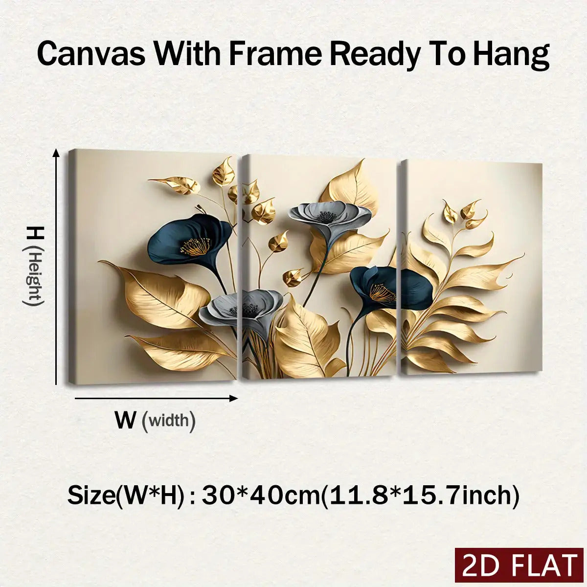 [2D Flat] Three Wooden Frame Canvas Wall Art - Modern Abstract Design Featuring Golden Leaves And Flowers, High-Definition 8K Odorless Indoor Wall Decoration, Suitable for Living Rooms, Bedrooms, And Offices - Contemporary Ho