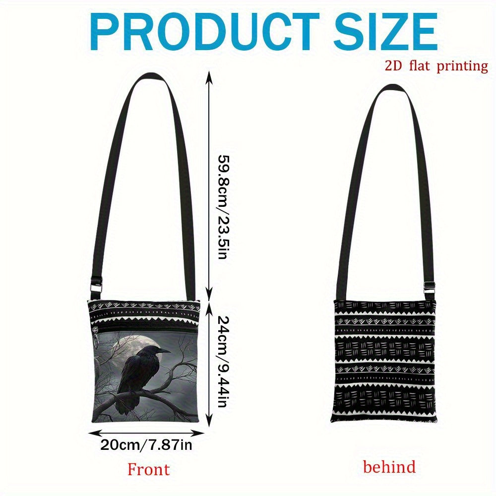 NEW Black Raven Moon Night Crossbody Bag with Adjustable Strap & Zipper Closure - Gothic Moon & Raven Print Handbag, Durable Casual Purse Suitable for Wedding Party Favors, Beach Trips, Daily Use - Stylish Gift for, 2D Flat
