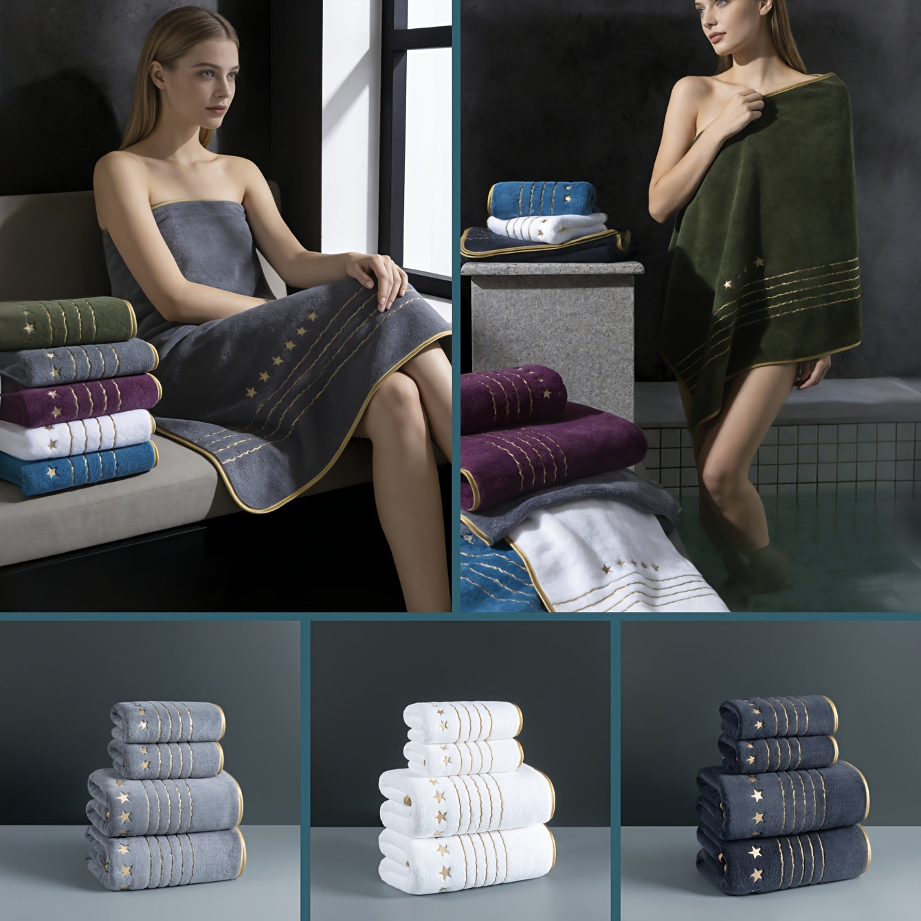 4/6-PCS Set Ultra-Soft Golden Thread Light Luxury Five-Star Embroidered Towel Bath Towel Set, 2 Bath Towels 69.85 X 139.95 cm, 2 Hand Towels 34.04 X 74.93 cm, 2 Washcloths 34.04 X 34.04 cm, Perfect for Home, Hotel, and Spa Us