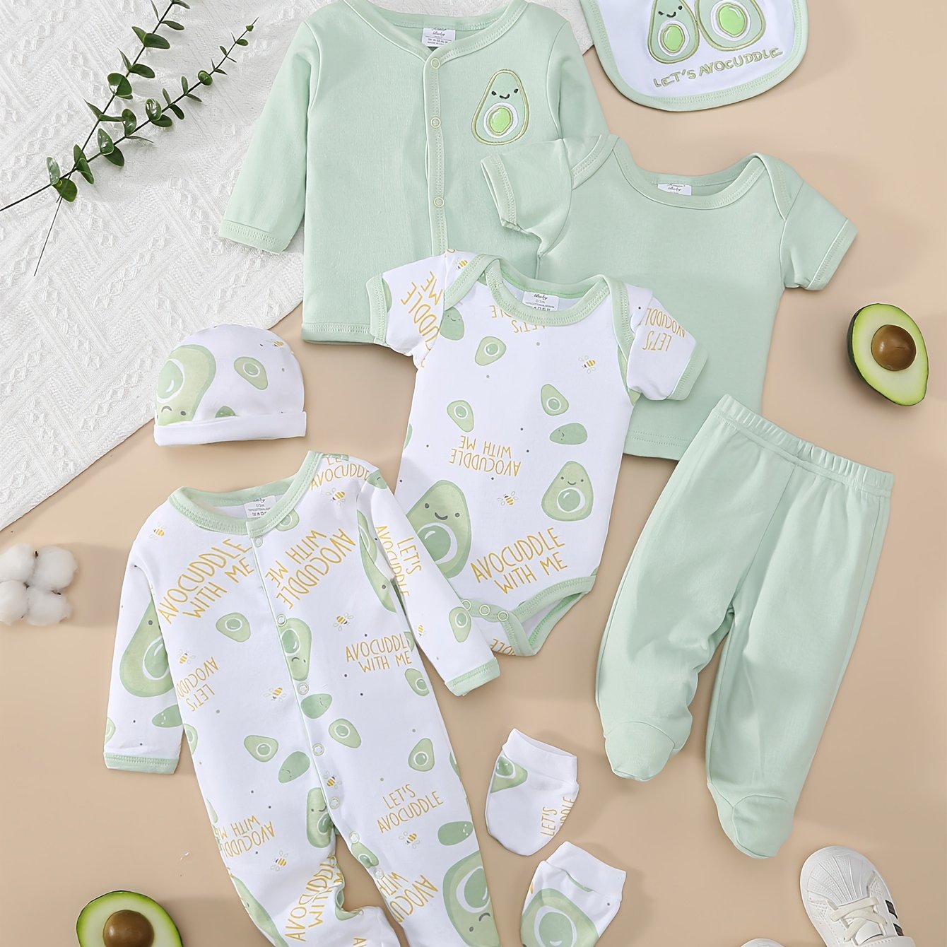 8pcs Set for Boys And Girls Featuring a Comfortable And Soft Cartoon Avocado Print for Spring And Summer, Including Long Romper, Hat, Bib, Socks, Pants, Jacket, Top, And Triangle Bodysuit, for Outdoor