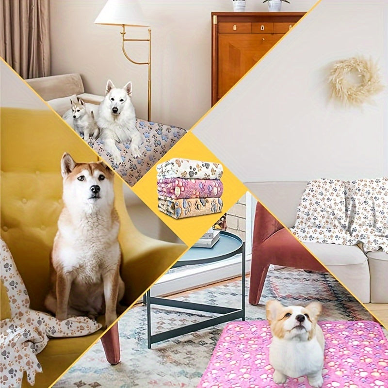 One Set of 8 Packs, Soft Flannel Pet Blankets for Dogs and Cats - Soft Polyester Fiber, Machine Washable with Paw Print Pattern - Versatile, Suitable for Small to Large Breeds
