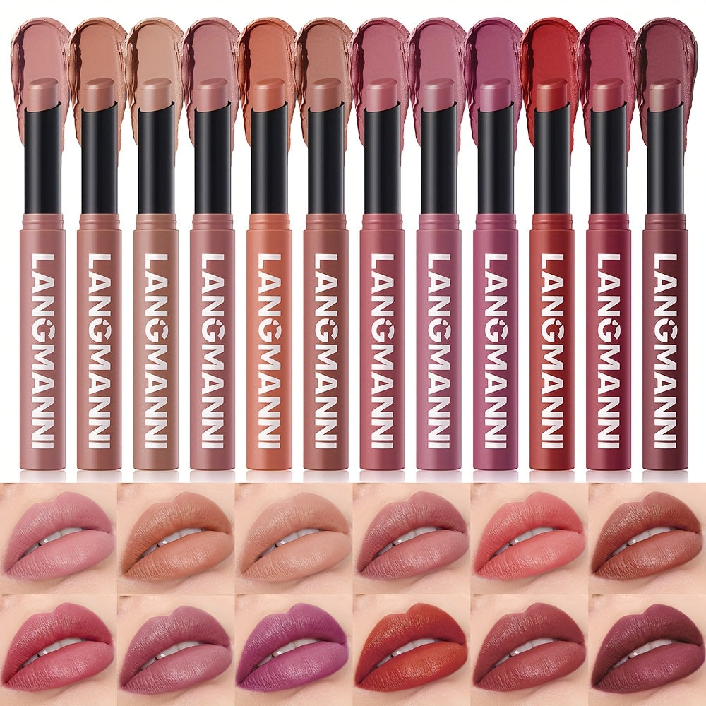 12 PCS Professional Set Original Langmanni matte lipstick, matte lipstick, easy to color lipstick pen, lip gloss, long-lasting easy to color moisturizing lipstick, natural moisturizing lipstick, holiday makeup, mother's day g