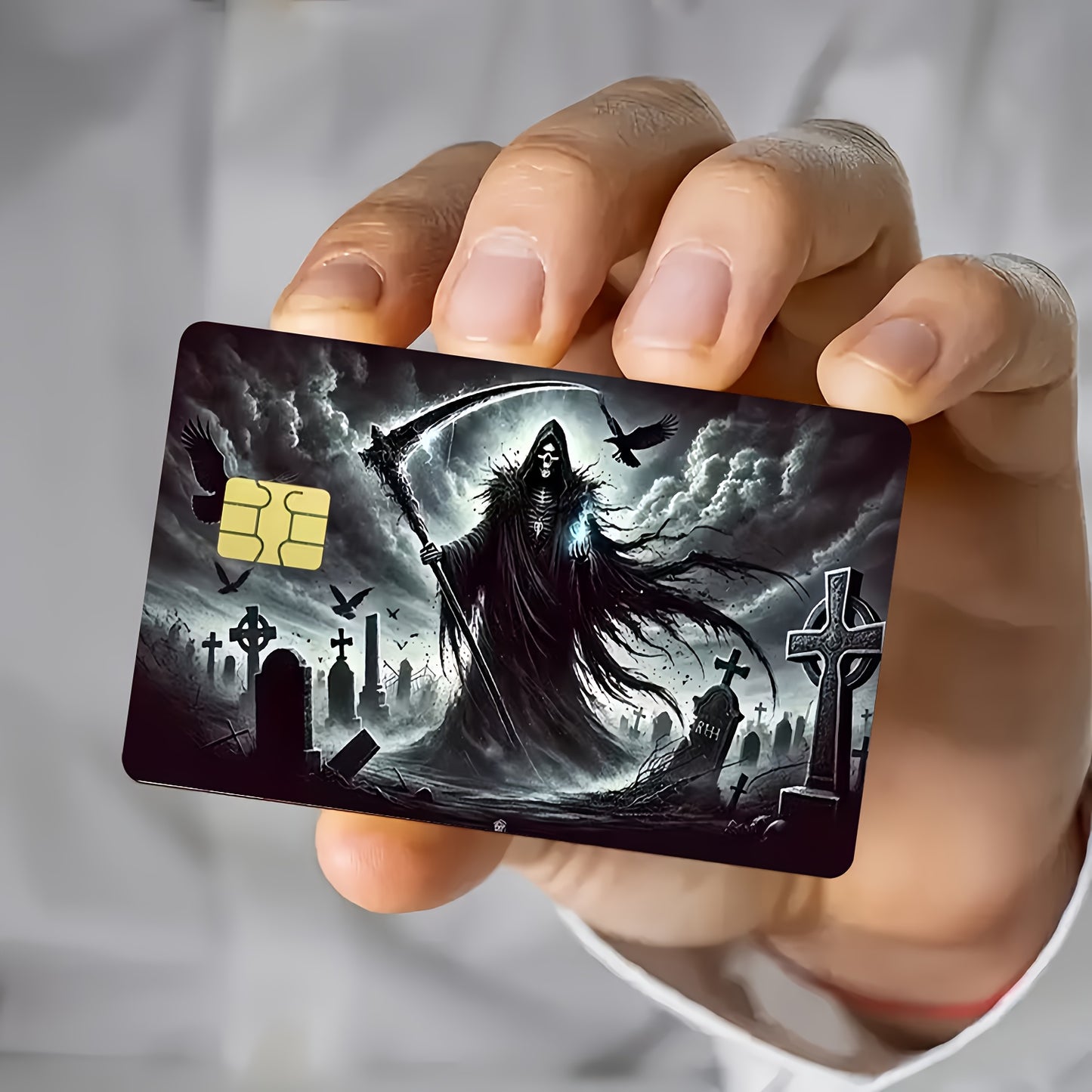 2 PCS Set Horror Death Scythe Pattern Credit Card Skins | Waterproof, Ultra-Thin, High-Quality, Scratch-Resistant, Self-Adhesive, Ideal for Credit, Bank, and Bus Cards, Perfect Gift for Friends, Plastic