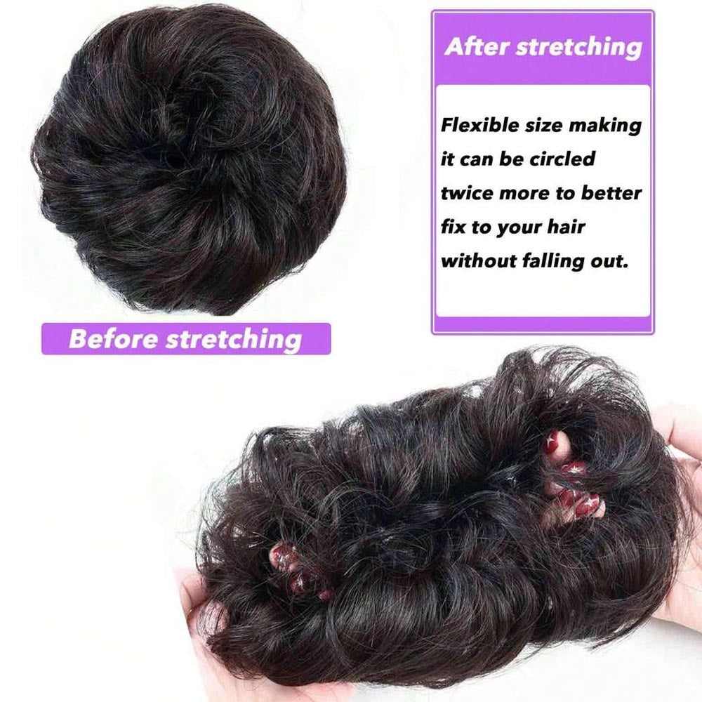 Real Human Hair Bun Donut 4 Colors with Elastic Band - Wavy Volume, Instant Updo Extensions for, Scalp-Propatible Hairpiece for Chignons, Buns & Volume (No Glue/)