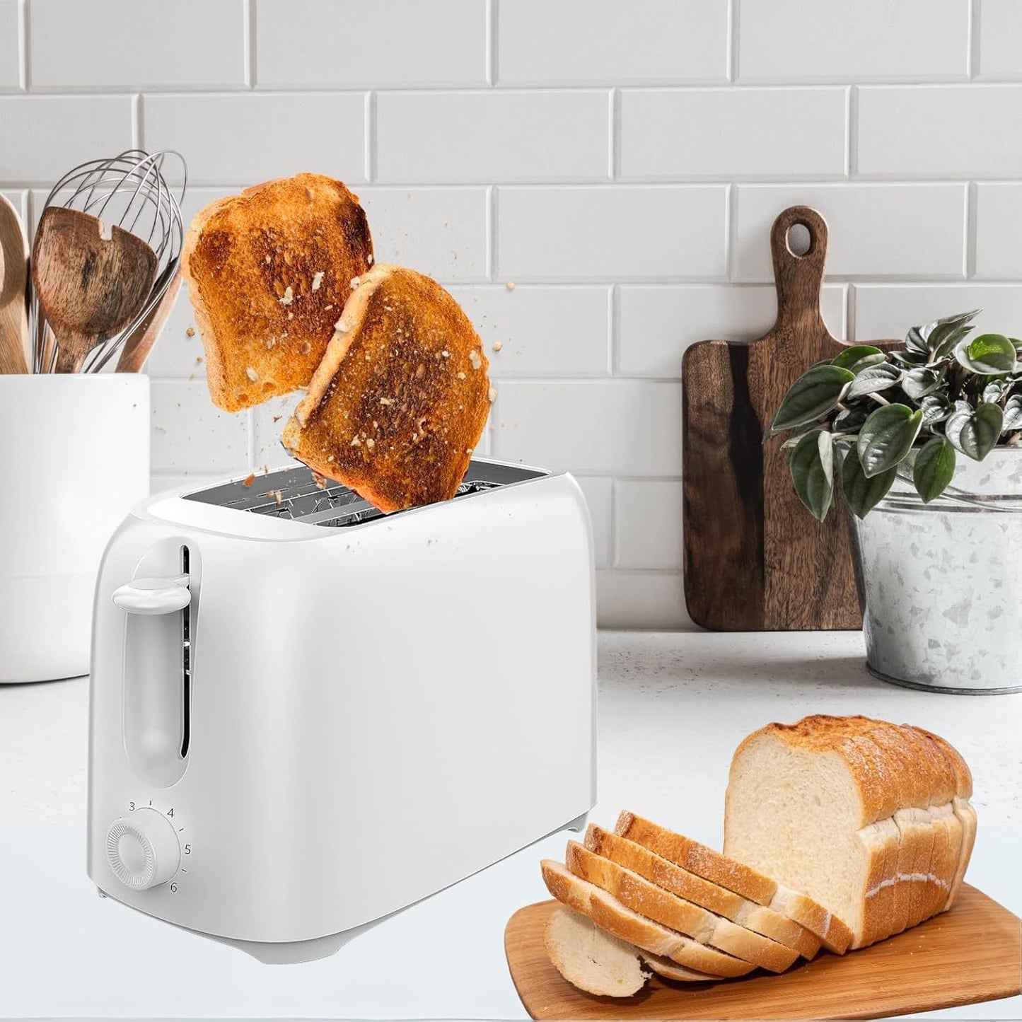 2 PCS Set Kettle & 2 Slice Bread Toaster Kitchen Combo Set | 2200W 1.7L Cordless Jug Kettle Boil Dry Protection & Auto Shut Off | 650W 6 Level with Browning Control & Crumb Tray (Black/White)