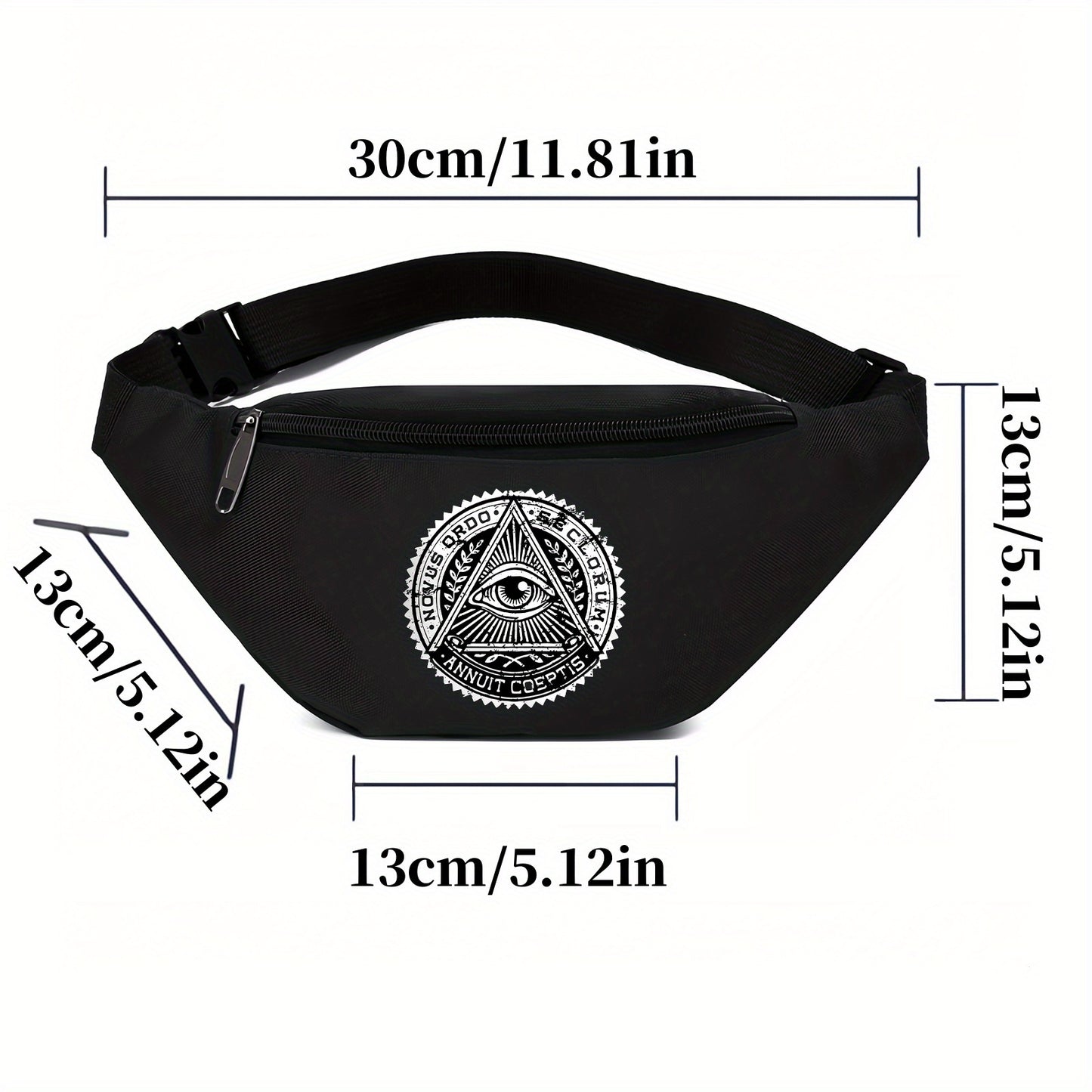 Illuminati Eye Magic Triangular Secret Society Waist Bag - Adjustable, Shoulder Bag for Men & Women - Perfect for Hiking, Running & Cycling - Black Oxford Fabric with White Geometric Design, Running Belt Bag | Mystical Design