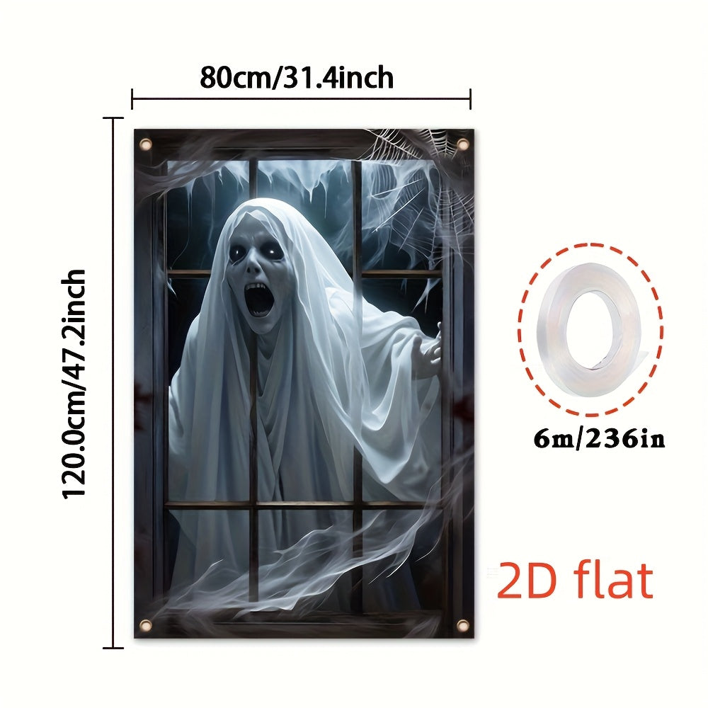 1-Pack Scary window banner - Halloween Decoration with Hanging Chains, No Electricity Needed, Easy to Hang Indoor/Outdoor - Spooky Party, Haunted House, Home Decor - Durable Polyester Fabric for Year-Round Halloween Displays,