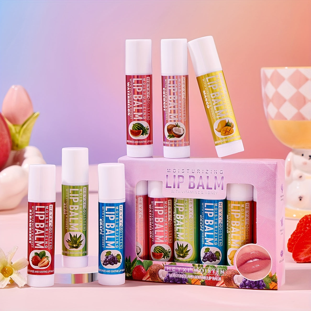 NEW Arrivals 6-PCS Set Fruit Flavored Lip Balm Gift Set - Unisex Natural Finish Moisturizing Lip Butters with Watermelon, Coconut, Aloe, Grape, Mango & Strawberry - Alcohol-Free for All Skin Types