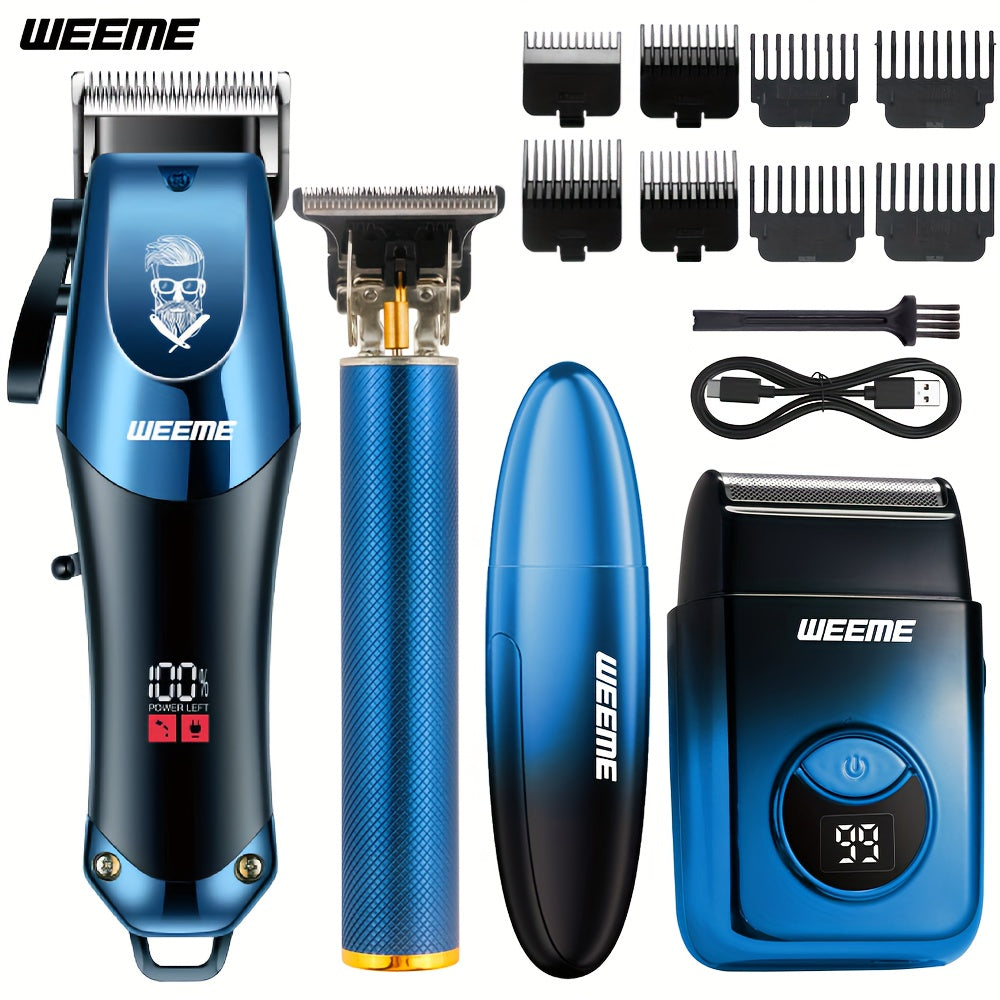 4 PCS Set Men's electric hair clipper, nose hair clipper, shaver set - wireless USB charging professional hair clipper set with lithium battery - his ideal gift, hair accessories | modern hair clipper tools | fashionable blue