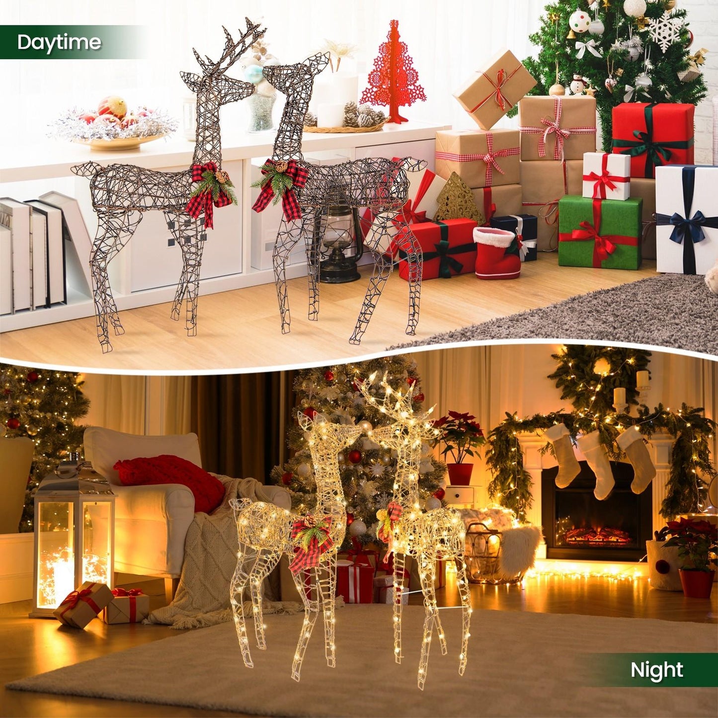 2pcs Large Lighted Reindeer Family Christmas Deer Set with 200 LED Lights - Outdoor/Indoor Display, Metal Frame with Ground Stakes, Plug-in ( Plug), for front Lawn, Garden, Patio - Holiday Decoration Set
