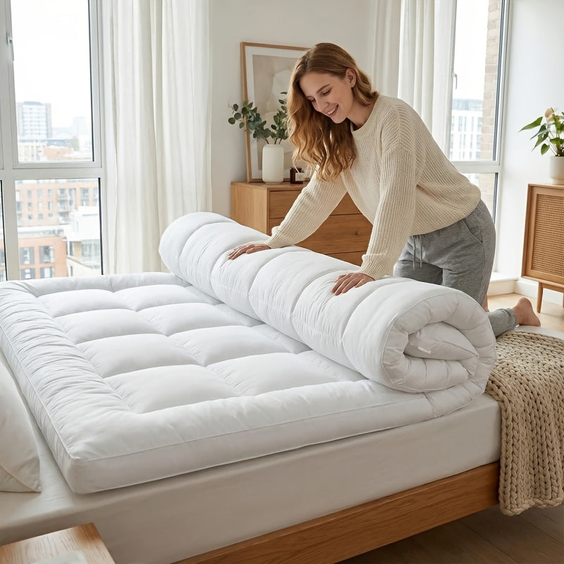 1pc Extra Thick Mattress Topper, Overfilled with 10cm/ 4Inch Microfiber Filling with Deep Pocket, Plush Soft Pillow Top Mattress Topper Anti-Shift & Even Weight Distribution Single/Double/King/Super King All UK Bed Sizes