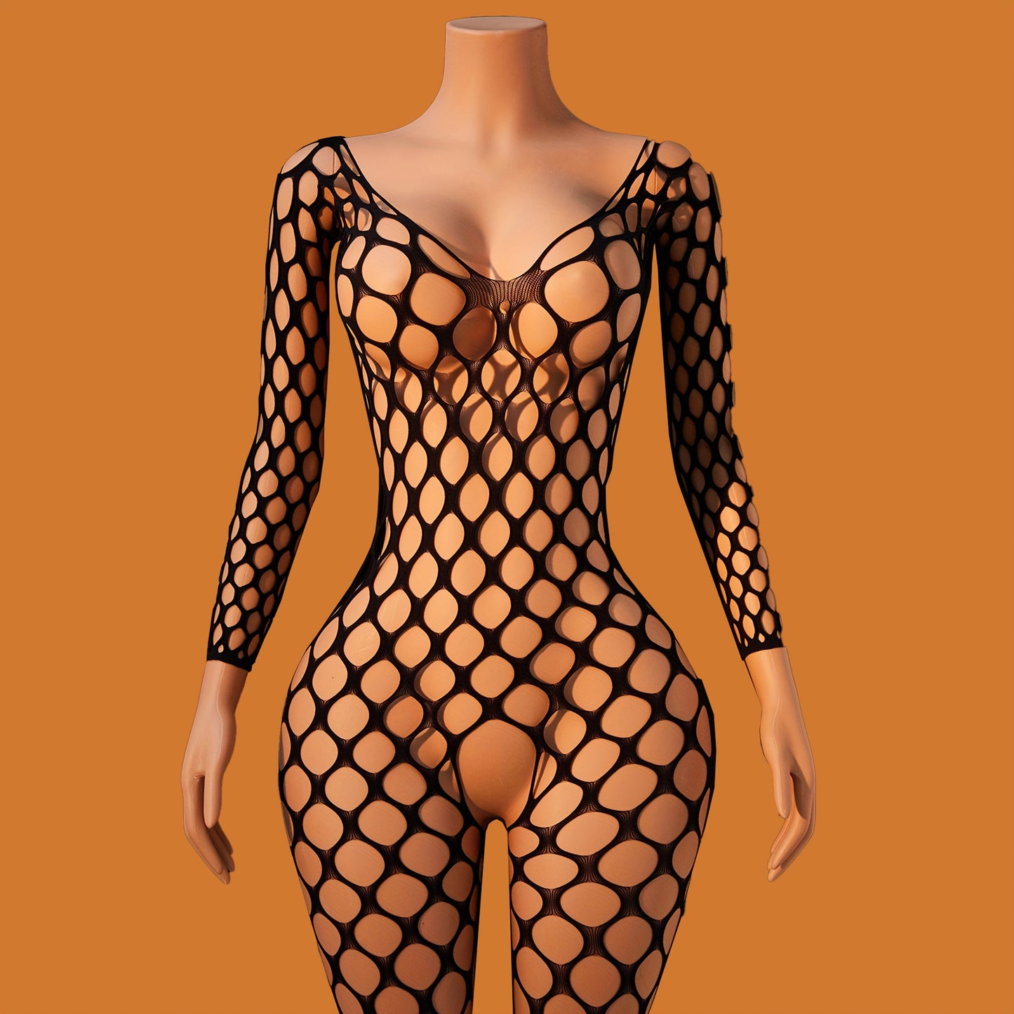 5pcs Women's Full Set Mesh Lingerie & Legwear - Sexy Sheer Bodysuit with Garter Belt, High-Waisted Thong Panties, Long Sleeve Top & Fishnet Stockings - Heavy-Duty 72.57KG Weight Capacity, Hand Washable, Elegant & Sexy Adult C
