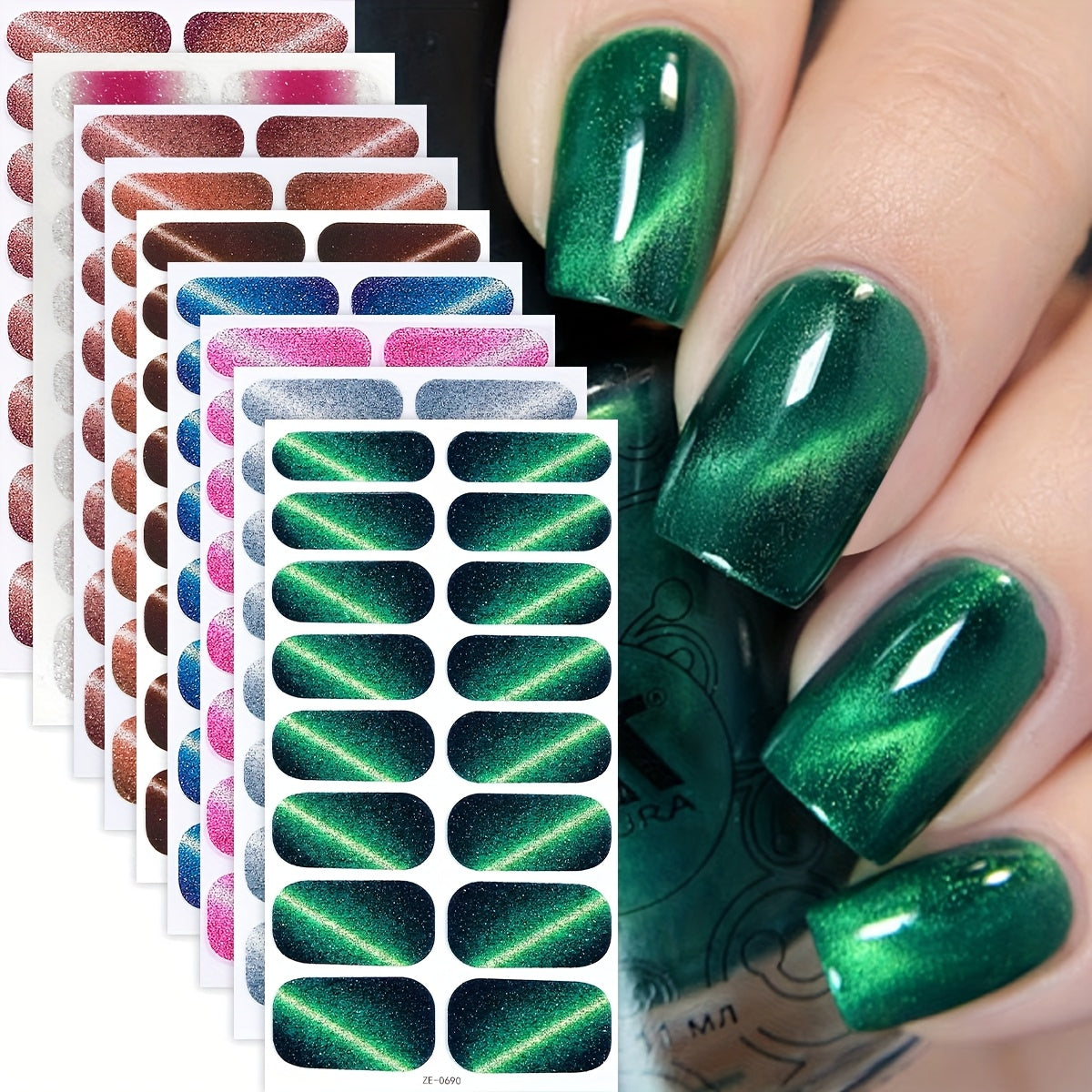 9 Sheets Glitter Gel Nail Stickers, Green Cat's Eye Full Cover Nail Wraps Sticker, Spring & Summer, Fresh style, One-Time Use, Super Good Texture, No Requiring Curing, Suitable for Women And Nail Art Home Salon, Easy to Apply