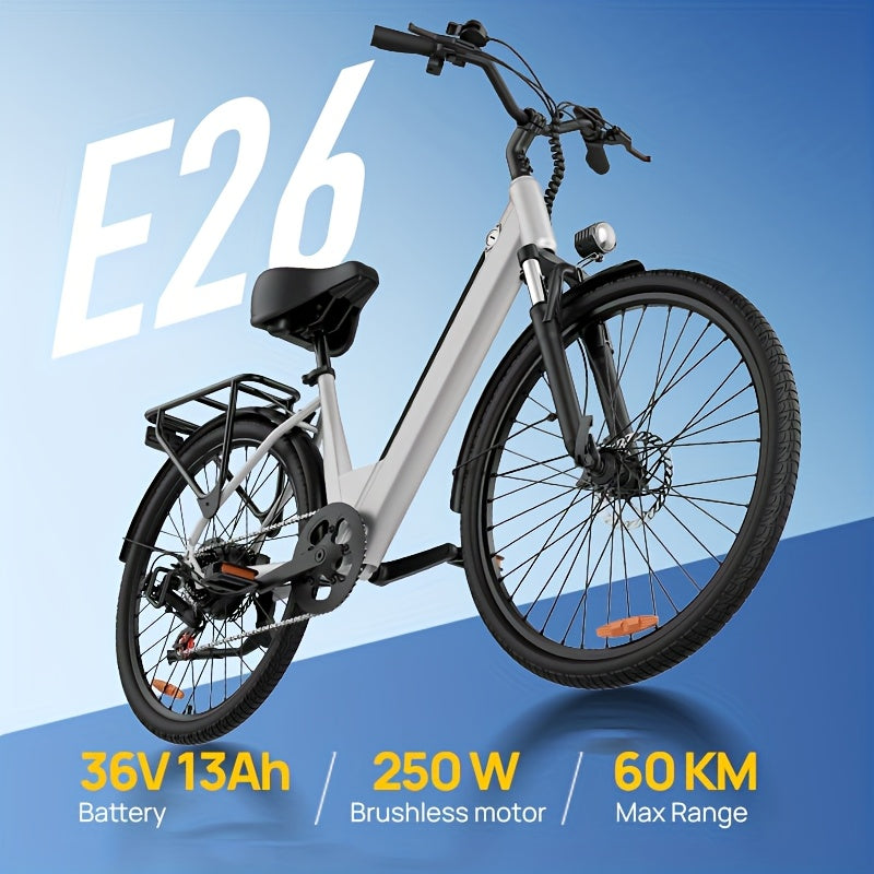 E26 Electric Bike 66.04cm Commuter City E-Bike With 36V 13Ah Battery (60-80 Km Range), 250W Motor, 3 Riding Modes 7-Speed Gears Mid-mounted Dual Airbag Shock Absorbers Perfect For Urban Travel Outdoor Adventures Lightweight D