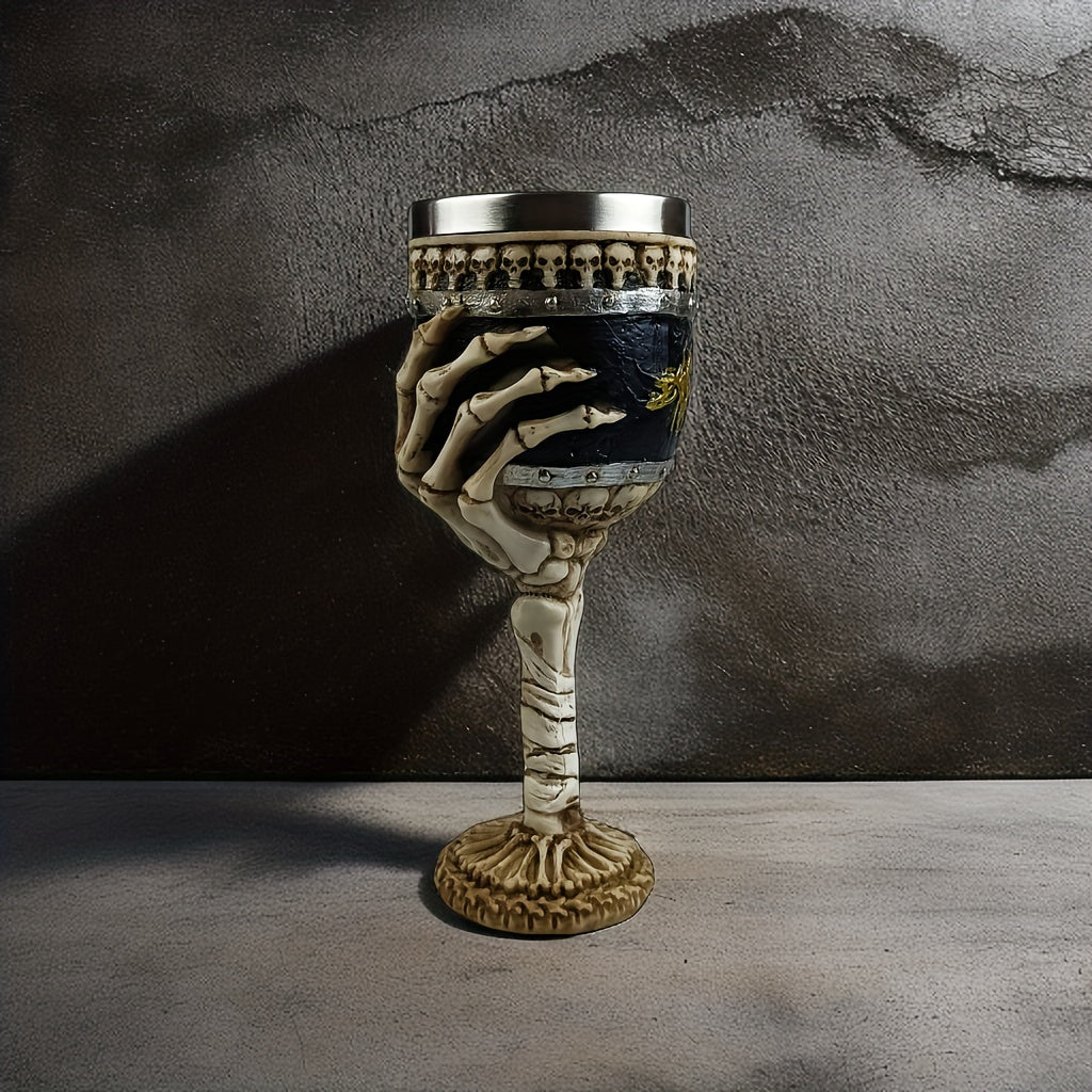 Secret Society Ceremonies Creative Skull Hand Goblet, 200ml Gothic Ossuary Palm Skull Skeletal Bones Armor Wine Cup Resin Body Stainless Steel Goblet Drinking Cup Party Drinkware Halloween