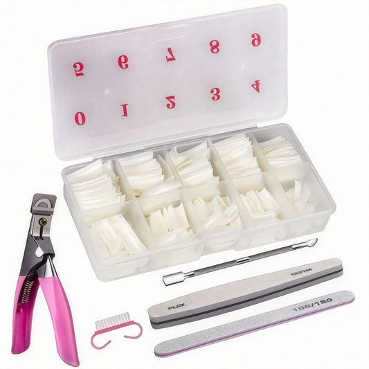 500 PCS Set Acrylic Fake Nails Set, Natural Color with Nail Clippers, File, and Polisher Brush for Women, Manicure Salons, and Home DIY Women Nail Care Supplies