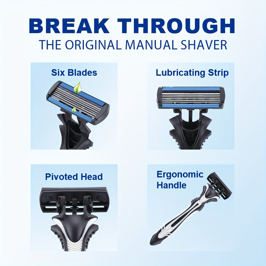 1 Handle +12 Six-Layer Replacement  Blades Set Head White and Black Handle Manual Shaving Razor Sets Men Grooming Tool Sets