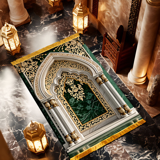 Muslim Ramadan Prayer Luxury Rug Featuring a Detailed Islamic Floral Design, Soft And Washable, Suitable for Home Indoor Outdoor Use, in a Stylish Green And Golden Color Scheme
