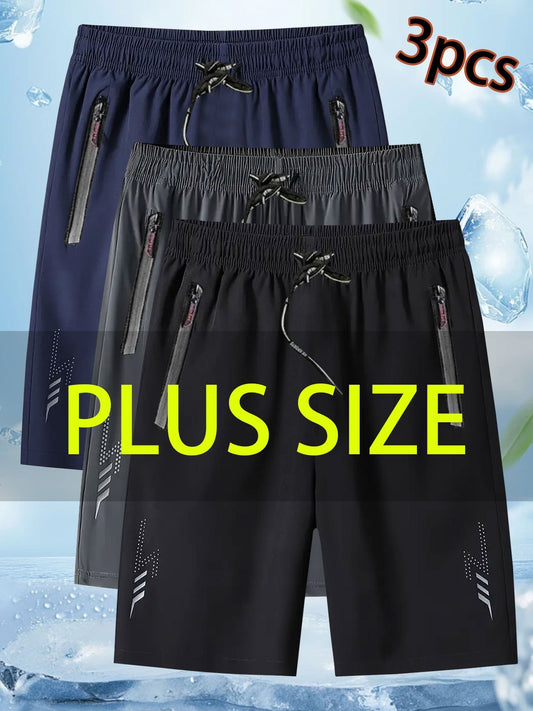 3 PCS Set UK 42-52 Plus Size Curvy Big Men's Athletic Shorts - Elastic Waist with Adjustable Drawstring, 5-Inch Length, Lightning Bolt Print & Reflective Strips for Running, Cycling, Gym Workouts - Loose Fit Casual Shorts (Na