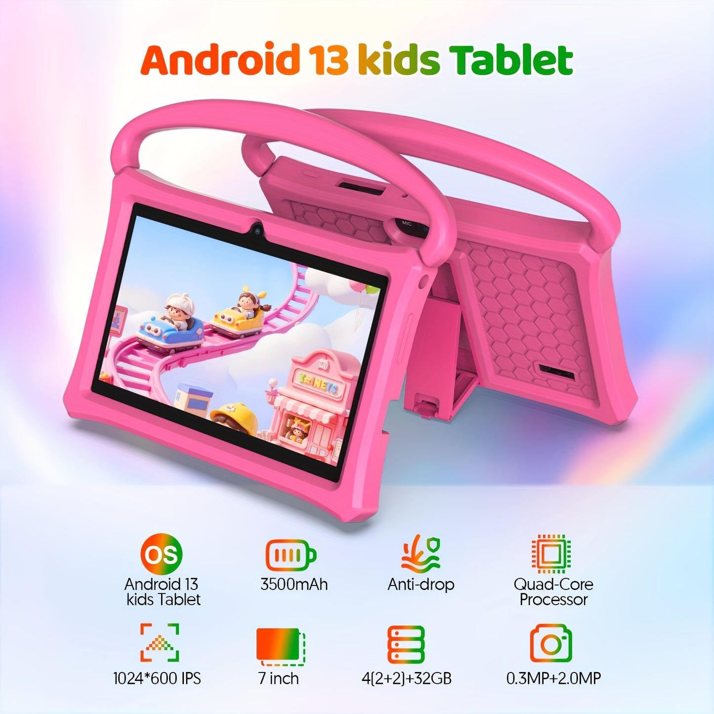 Android 13 Tablet, 17.78 cm Kids Tablet, Silicone Case, Quad-core, 7731 CPU, 4GB (2+2GB Memory Expansion) RAM, 32GB ROM, 3500mah, 1024*600 IPS, HD Touch Screen, Kids Learning Machine, Android Tablets