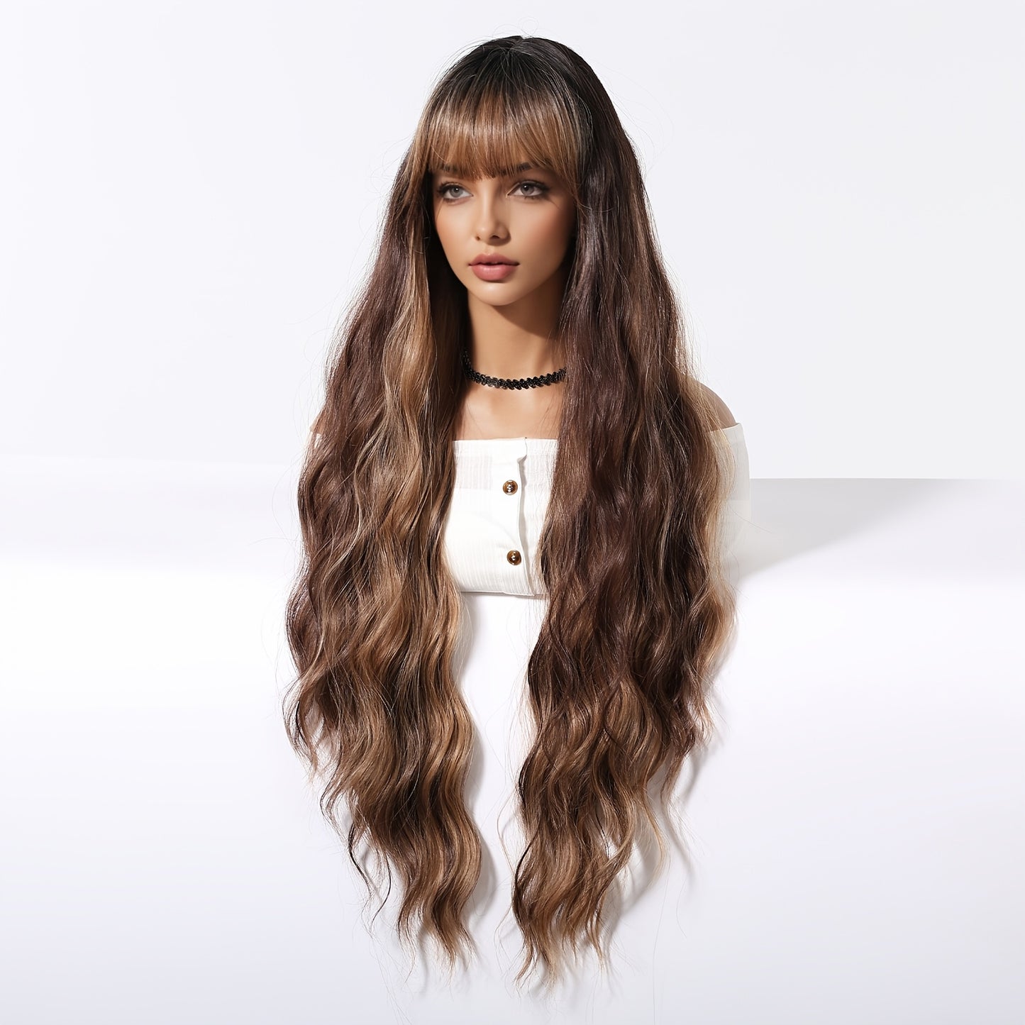 Elegant 81.28cm Brown Curly Wig with Bangs for Women - Soft, Heat-Resistant Synthetic Hair, Perfect for Daily Wear & Special Occasions