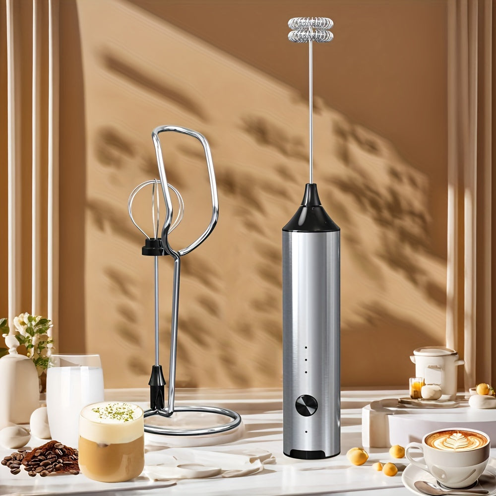 Rechargeable Electric Milk Frother, Handheld Foam Maker Whisk with 2 Heads 3 Speeds Drink Mixer, Built-in Mixing Heads for Both Milk Beaters And Egg Beaters, Quick Foaming Coffee Whisk for Coffee, Latte, Wedding Gifts, Portab