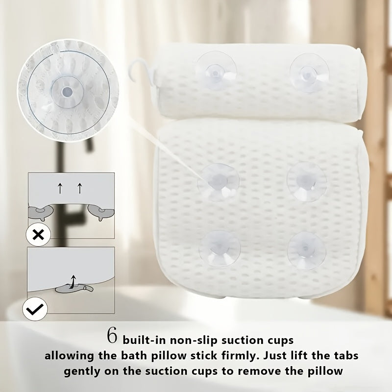 3D Mesh Bathtub Pillow with Neck and Back Support - Quick-Dry Vinyl Bath Mat, 6 Suction Cups and Hooks, Machine Washable Spa Accessory, Suitable for Bathtub, Hot Tub - Bathing Aid, Hot Spring Bath, Shower Decor, Bath Pillow,