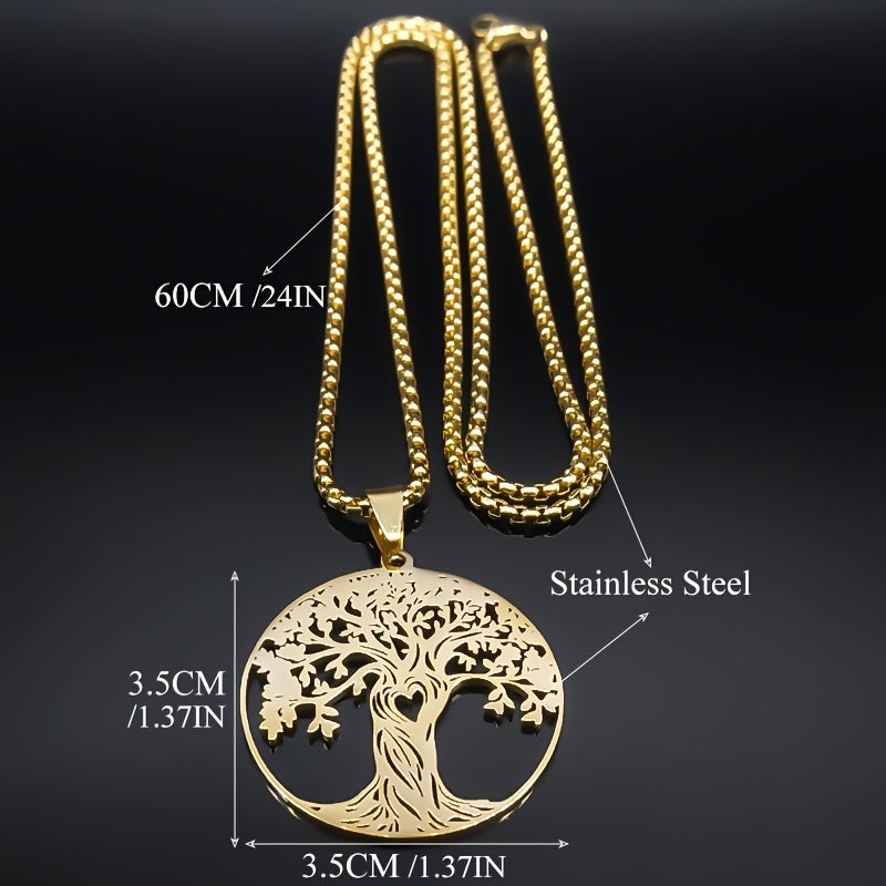 Stainless Steel Golden And Silvery Lucky Amulet Necklace For Women With A Tree Of Life Design