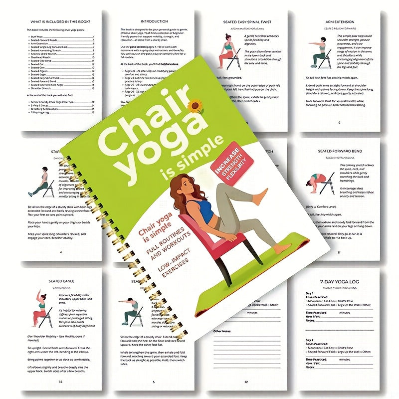 30- 60 Exercises Day Chair Yoga Guide for Weight Loss, Muscle Strengthening, and Flexibility - Beginner-Friendly Workouts with Suitable for Seniors and Adults, 13.97x21.08cm, Green Cover Design, Senior Exercise | Spiral Bound