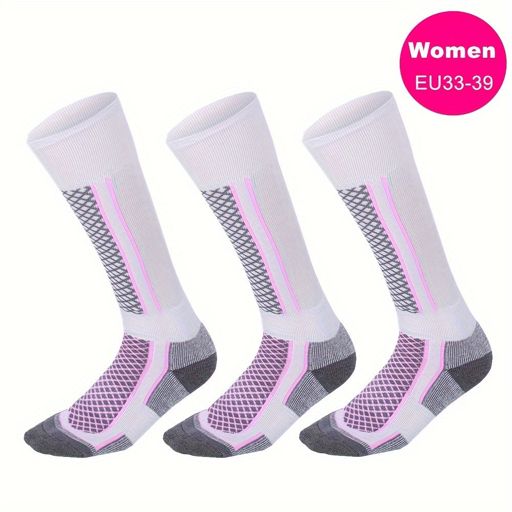 3pcs Pack Women's Thick Warm Ski Socks - Tall Outdoor Winter Sports Sock Suitable for Skiing, Snowboarding, Ice Skating - Striped Thermal Athletic Footwear Winter Sports Apparel Accessories