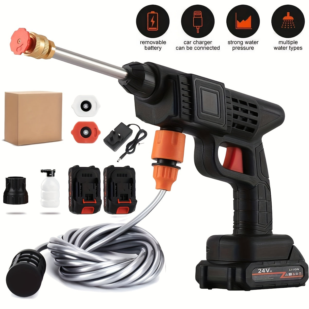 NEW Full Set Wireless Portable Pressure Washer with 2 Batteries, 3000PSI Cordless Power Washer, 24V Battery Jet Wash for Car Garden Home Patio Driveways, 5.03meter Hose Included