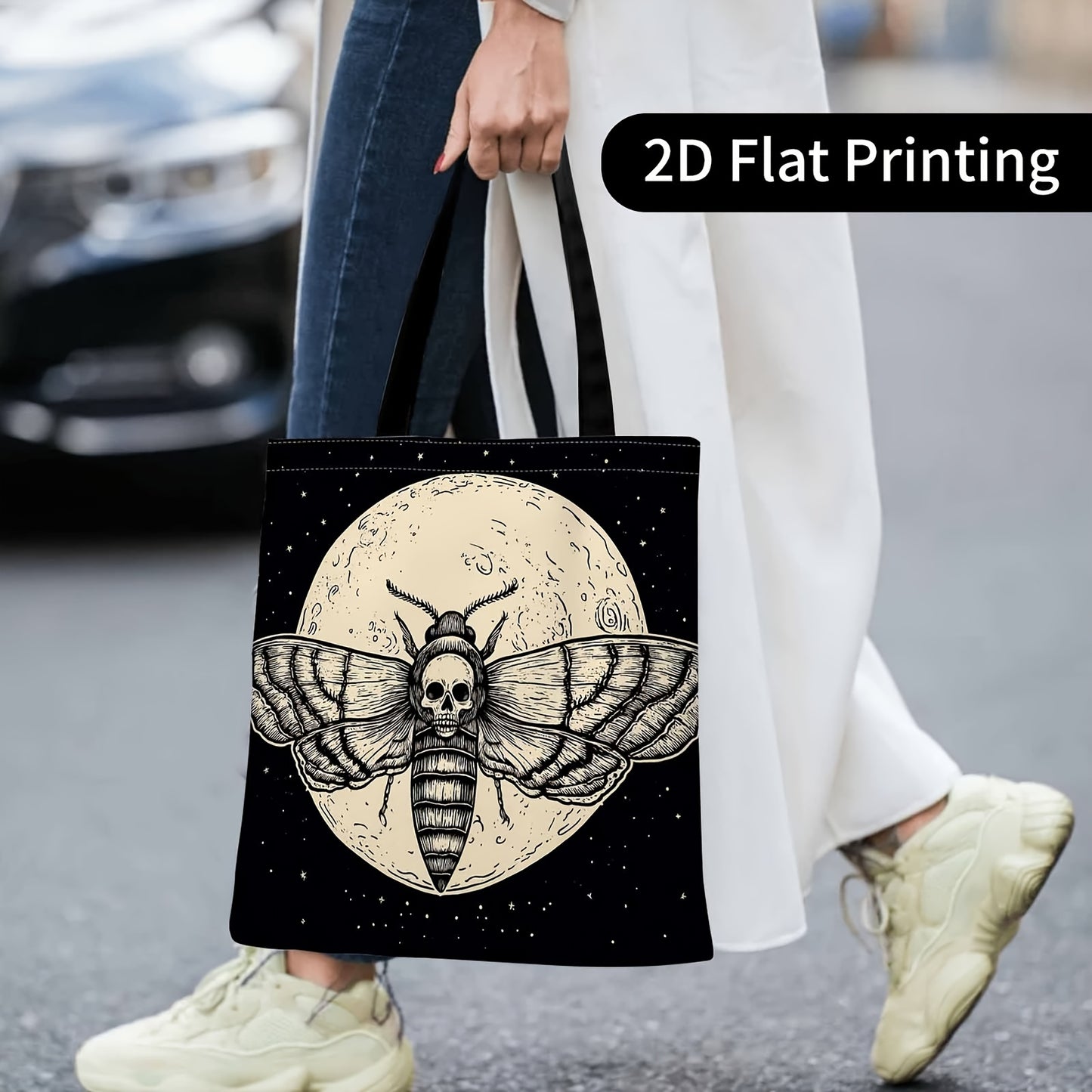 Gothic Moth & Skull Women's Tote Bag - Reusable Machine-Washable Lightweight Handbag with Moth Skull Moon Print, Casual Multifunctional Purse for Daily Use, Parties, Shopping