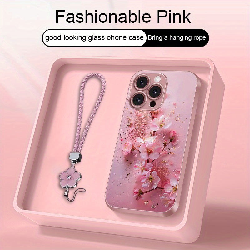 Golden-Plated Cherry Blossom Metal Paint Glass Phone Case with Lanyard for iPhone 16/16 Plus/16 Pro/16 Pro Max/15/15 Plus/15 Pro/15 Pro Max/14/14 Plus/14 Pro/14 Pro Max/13/13 Pro/13 Pro Max/13 Mini/12/12 Pro/12 Pro Max/12 min