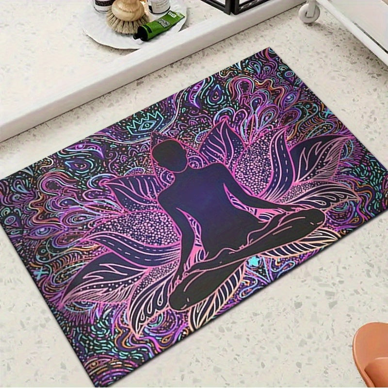 For Yoga Studio and Home Gym Vibrant Yoga Meditation Mat with Lotus Pose Design – Non-Slip, Machine Washable Velvet Mat for Hallway, Bedroom, and Living Room Decor, Perfect for Indoor/Outdoor Use