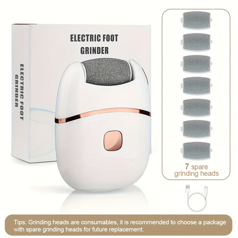 + 7 Spare Grinding Heads Set Rechargeable Electric Foot File, Designed for Removing And Polishing Thick Skin, Convenient And Portable for Achieving Smooth Feet, Ideal for Both for home And Travel