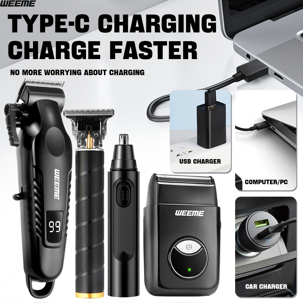 4 PCS Set Men's Grooming Kit with USB- Fast-Charging Clipper, T-Trimmer, Razor & Nose Hair Trimmer - All-in-One Hair & Shaving System for Home, Travel - Ideal Gift for Dad, Husband, Boyfriend (Birthday/Father's Day)