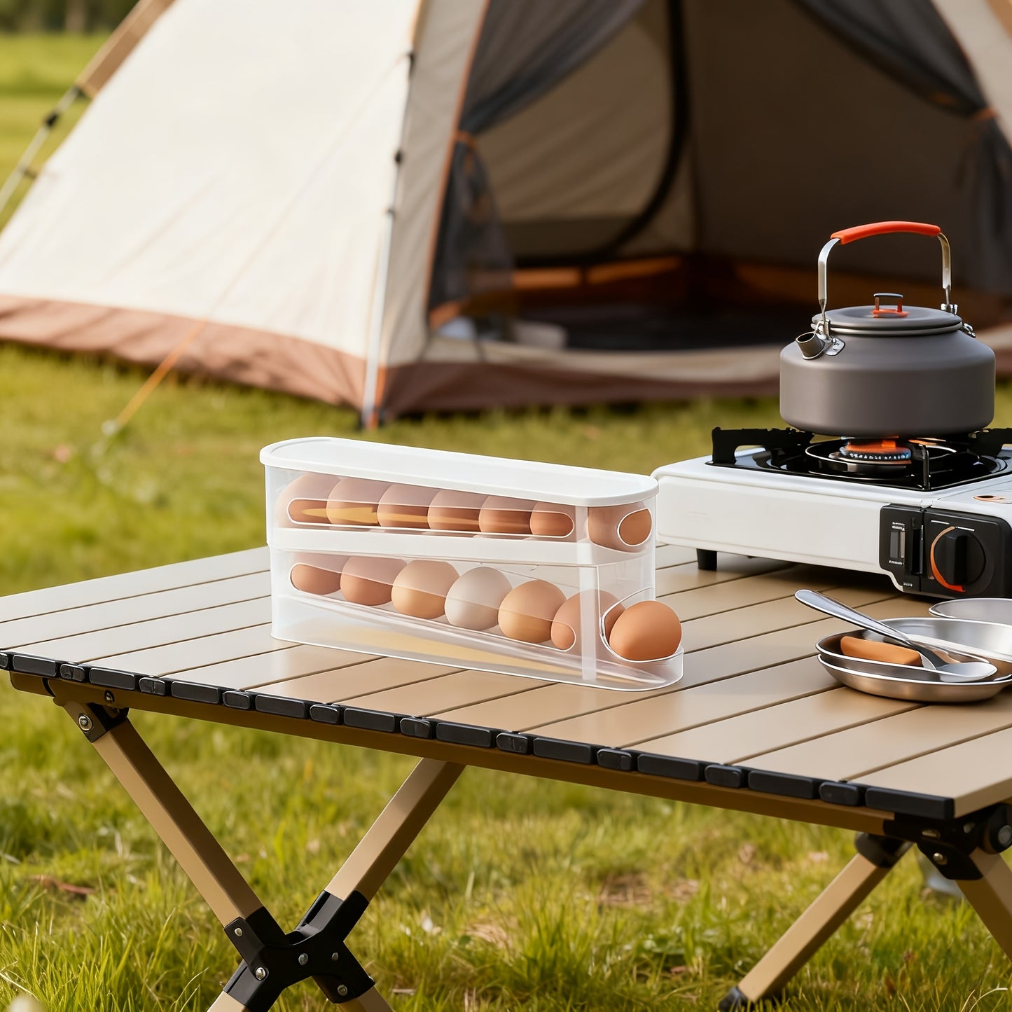Space-Saving Refrigerator Side Door Rolling Egg Storage Box - Durable Plastic, No Batteries Needed, 2-Tier Transparent Compartments for Easy Egg Access & Organization, Kitchen & Fridge Organizer, Egg Organizer for Refrigerato