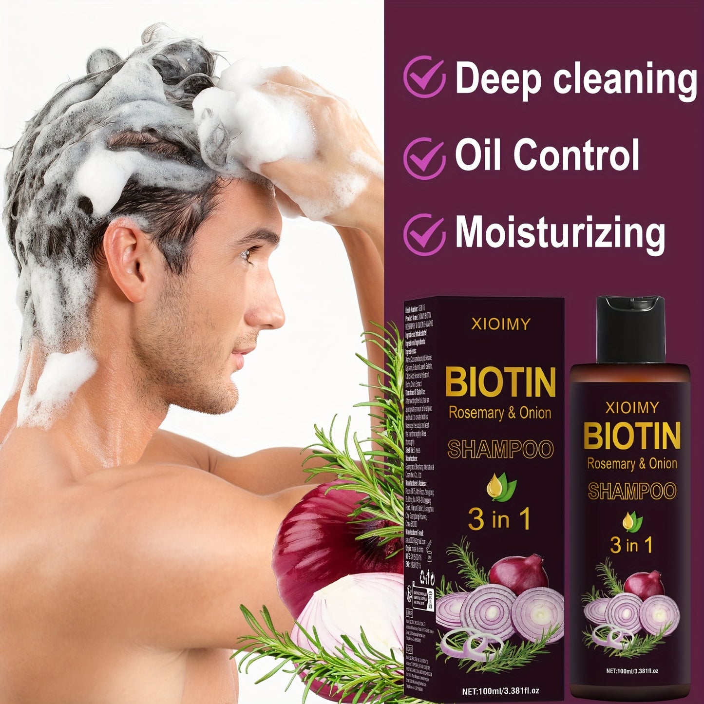 2 PCS Set of Biotin, Rosemary, and Onion Shampoo, a Three in One Shampoo and Conditioner with Long-lasting Fragrance, Suitable for Dry Hair, Deep Cleaning and Moisturizing Hair, Making Hair Look Softer and More Shiny, Portabl