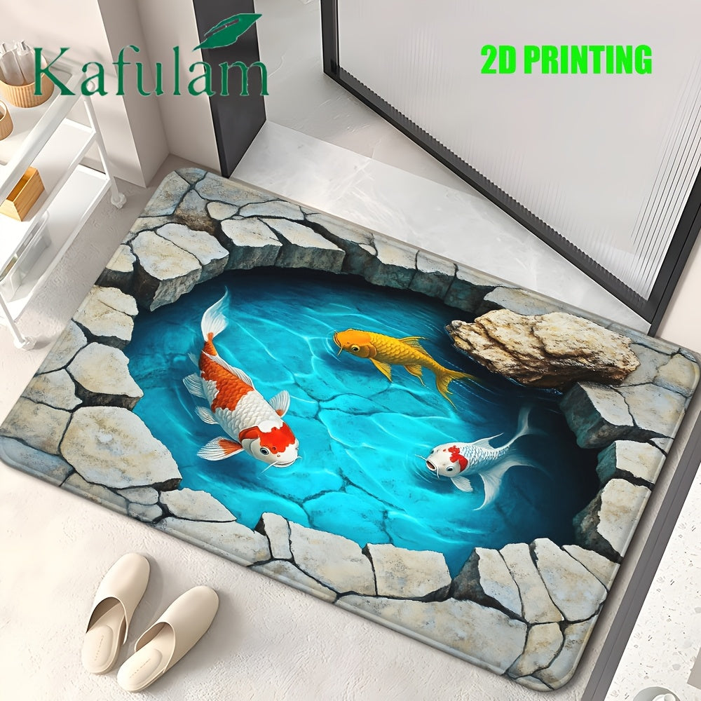 2D Carpet with Koi Fish Design | Flannel and Polyester, Machine Washable, Suitable for Bathroom, Bedroom, Living Room Entrance | Durable and Decorative Bath Mat