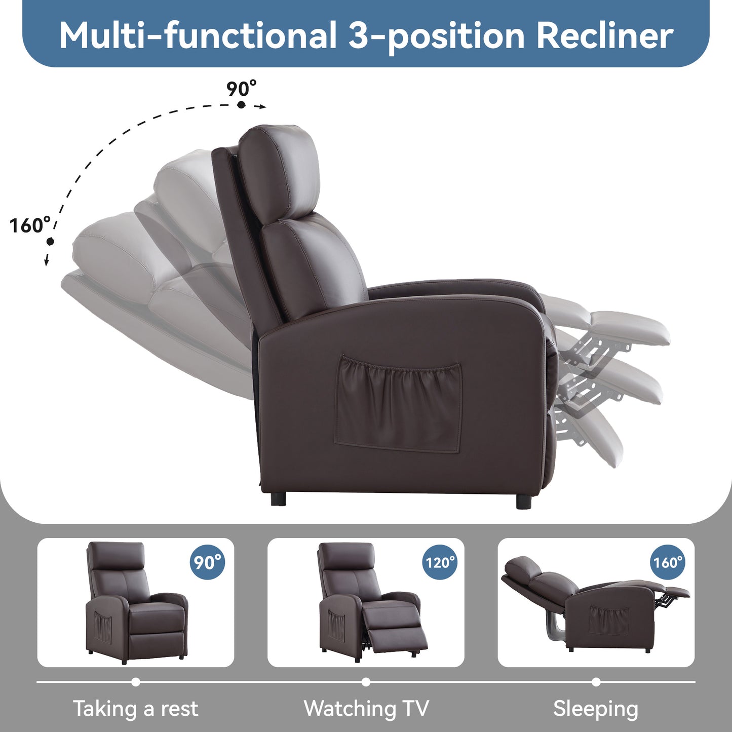 Push Back Recliner Chair Bed , Single Sofa with Lumbar Support, Padded Backrest, Side Pocket and Adjustable Leg Rest for Home Living Room