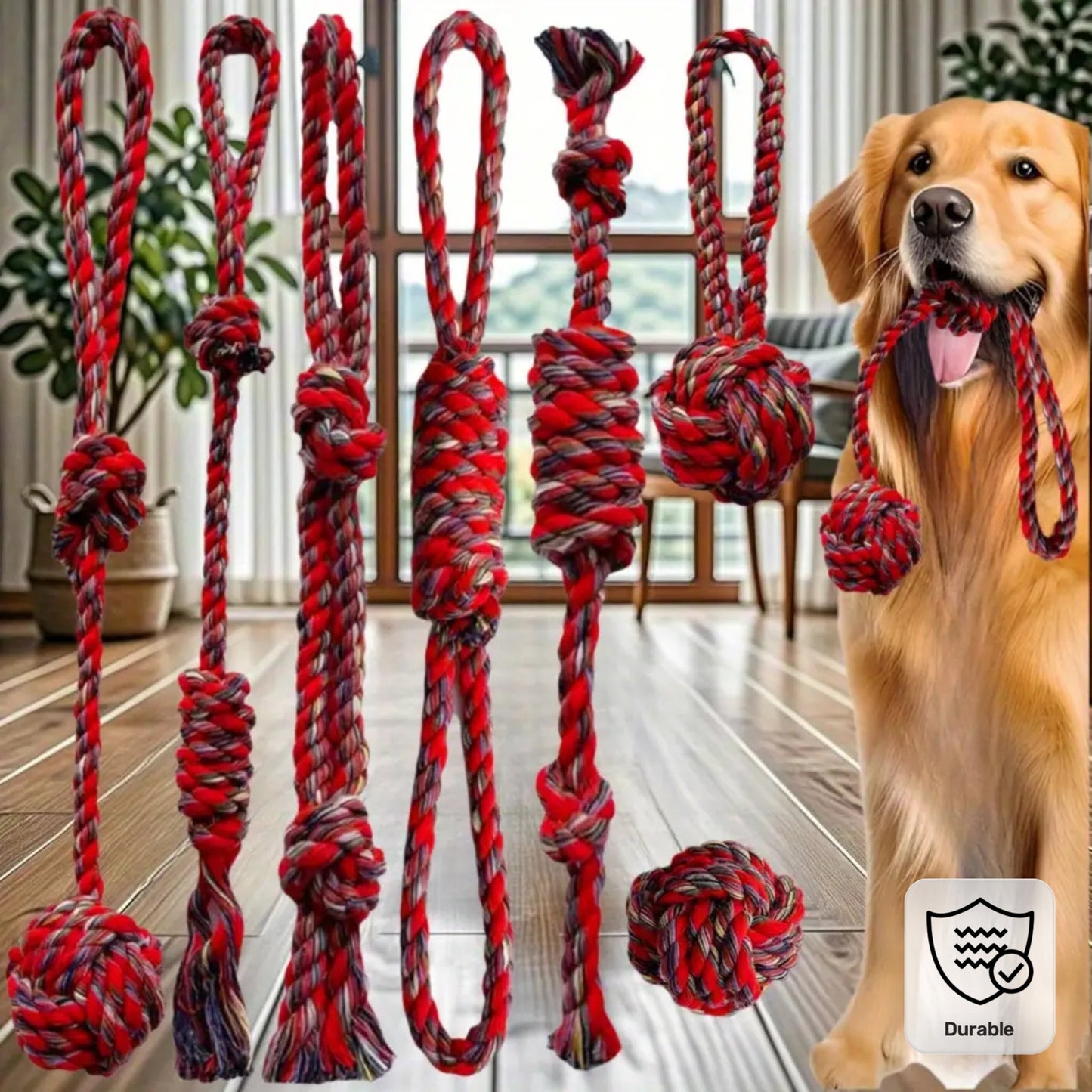 7 PCS Set of Red Dog Chew Rope Knot Toys, Durable Training Interactive Dog Rope Toys, Suitable for Various Sizes of Dogs for Play and Interaction. Multifunctional Teeth Grinding Rope, Indoor and Outdoor Training and Teeth Cle