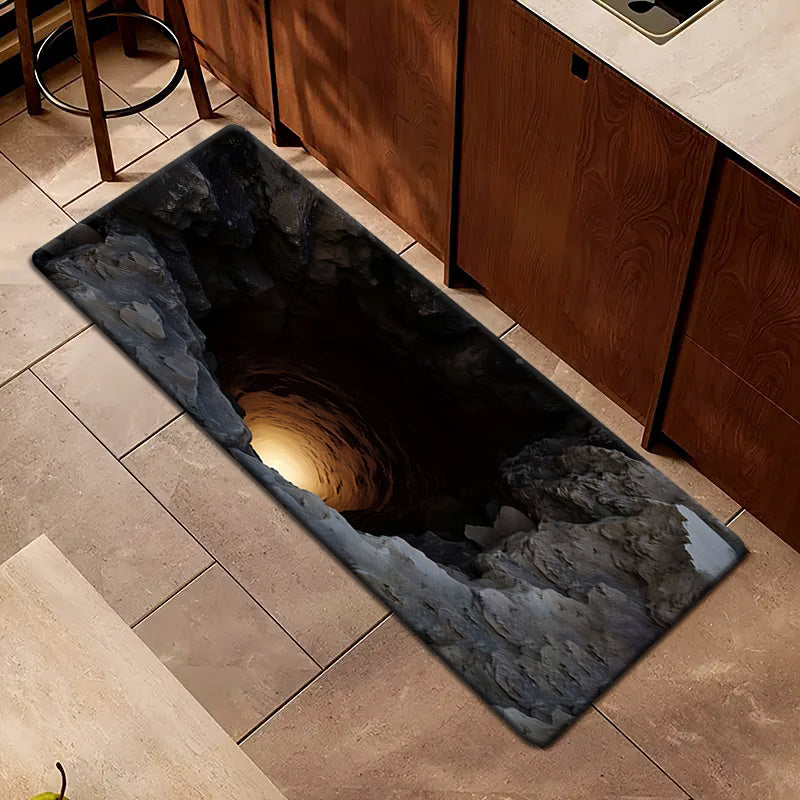 2D Optical Visual Illusion Deep Cave Themed Doormat, Soft Flannel Welcome Mat with Non-Slip Feature, Outdoor Carpet for Entryways, Machine Washable, Foldable, Durable Polyester Fiber, Suitable for Bathrooms, Kitchens, Living
