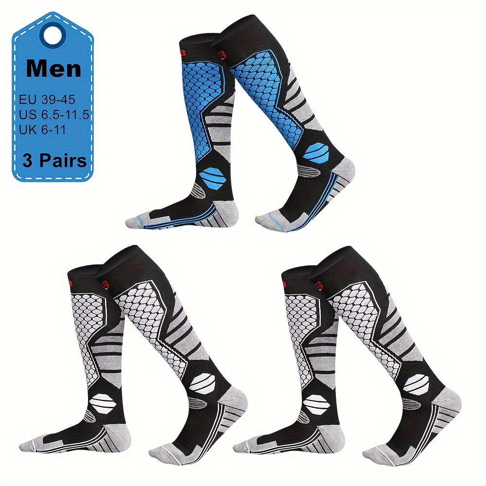 3 Pairs Men's Winter Thick Warm Breathable Hiking Ice Skating Skiing Knee-High Outdoor Sports Socks - EU 39-45, US 6.5-11.5, UK 6-11