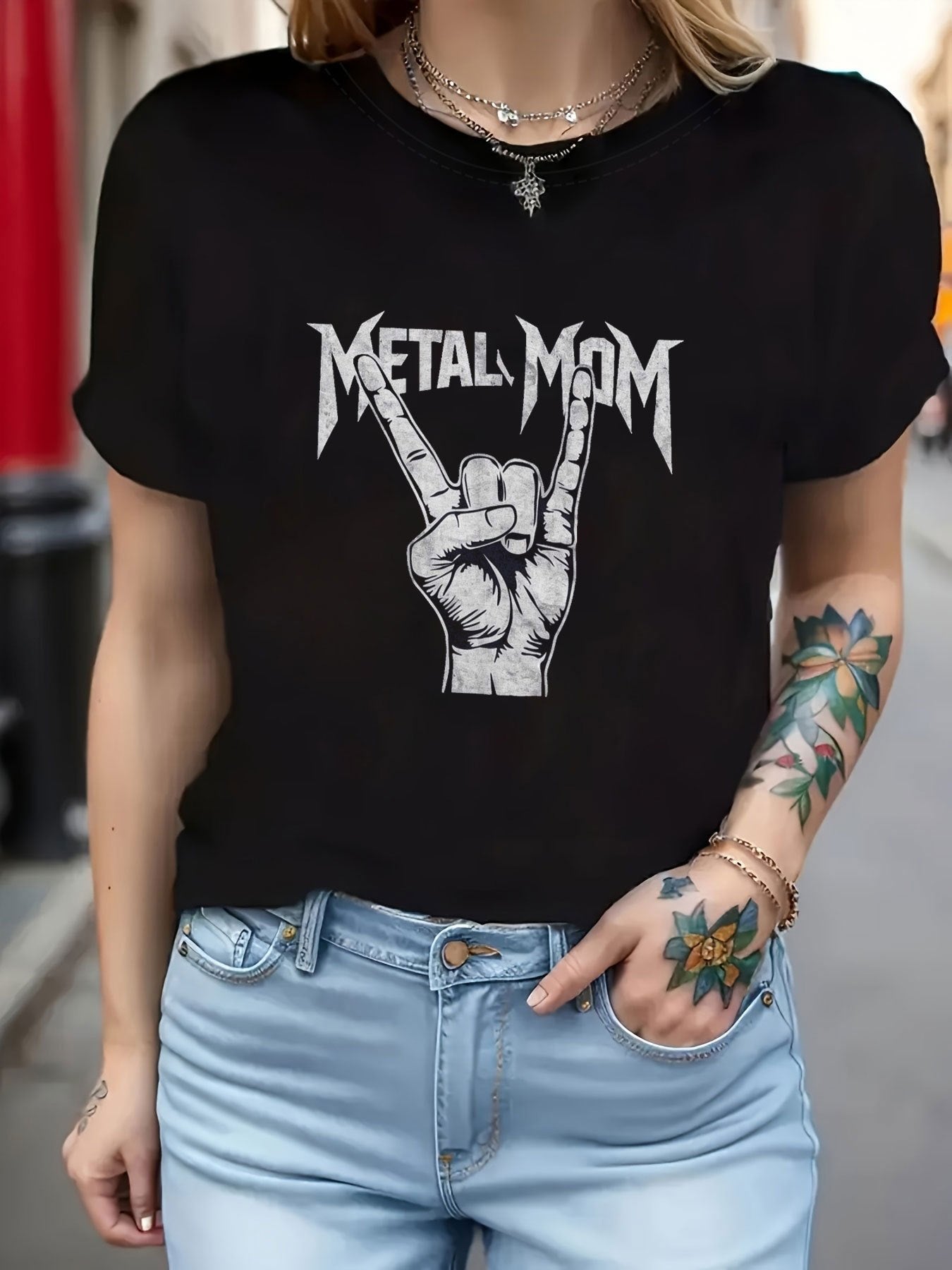 XL-5XL Plus Size, METAL MOM Women's 'n' Roll Devil Horns Hand Gesture T-Shirt - Short Sleeve Crew Neck Top with Signal Print, Spring Summer Casual Wear for Rave Party, Concerts & Everyday Outfits