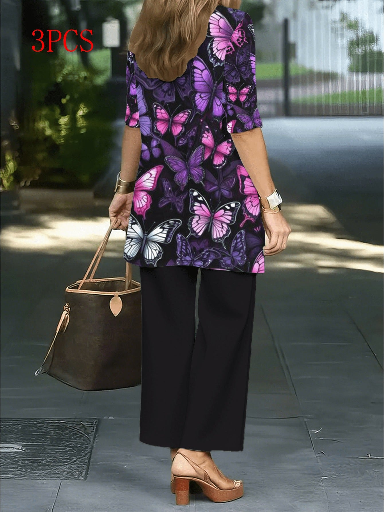 For Curvy Ladies 3 PCS Set XL-5XL UK (18-26) Plus-Size Women's Blazer Suit with Camisole, Pants & Jacket - Full-Body Print Round Neck Matching Outfit, Machine Washable Coordinated Ensemble for, Semi-Formal Events & Casual Att