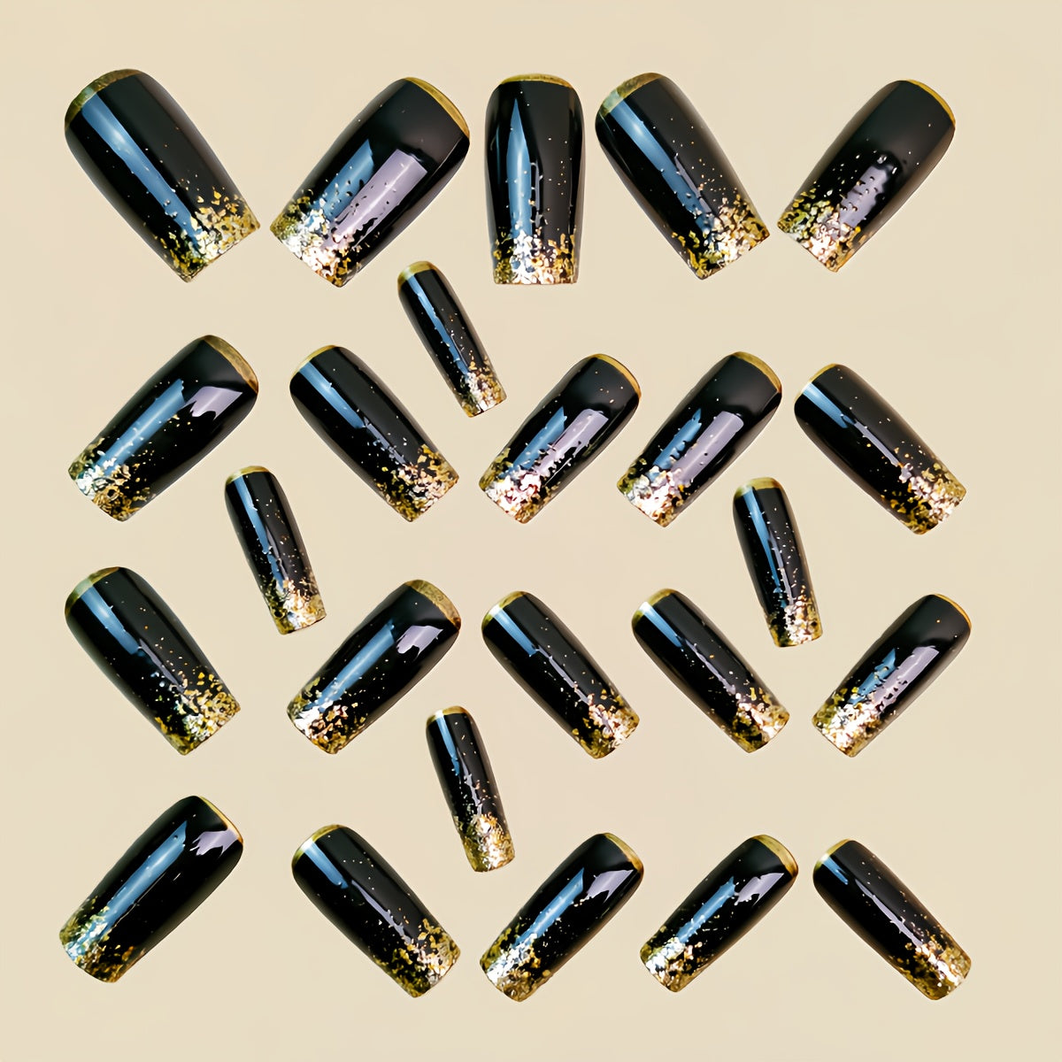 24 PCS Set Golden Glitter Ombre Black Long Square Press-On Nails, Detachable Fake Nails for Women, Simple & Elegant Nail Art to Enhance Your Fingertips' Charm
